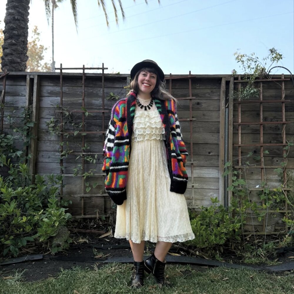 Vintage 90s Bright Print Wool Blend Chunky Oversized Cardigan Sweater Geometric - Picture 2 of 10